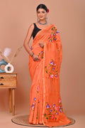 Peach & Purple Floral Motif Bagru Hand Block Printed Chanderi Silk Saree With Blouse Piece