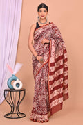 Maroon & Off-White Floral Jaal Bagru Hand Block Printed Chanderi Silk Saree With Blouse Piece