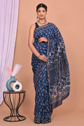 Indigo Blue & Off-White Floral Jaal Bagru Hand Block Printed Chanderi Silk Saree With Blouse Piece