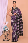 Black & Purple Geometric Buti Bagru Hand Block Printed Chanderi Silk Saree With Blouse Piece