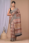 Maroon & Cream Geometric Paisley Bagru Hand Block Print Chanderi Silk Saree With Blouse Piece