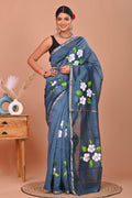 Slate Grey & White Floral Hand Block Print Chanderi Silk Saree With Blouse Piece
