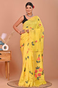 Yellow & Red Floral Motif Bagru Hand Block Printed Chanderi Silk Saree With Blouse Piece