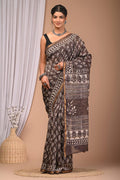 Brown & Off-White Floral Buti Bagru Hand Block Printed Chanderi Silk Saree With Blouse Piece