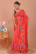 Coral Red & Green Leaf Motif Bagru Hand Block Printed Chanderi Silk Saree With Blouse Piece