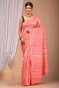 Peach Pink & Off-White Floral Buti Bagru Hand Block Printed Chanderi Silk Saree With Blouse Piece