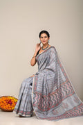 Grey & Pink Floral Buti Bagru Hand Block Printed Chanderi Silk Saree With Blouse Piece
