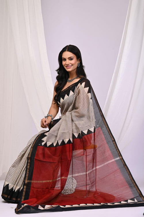 Black & Maroon Geometric Striped Chanderi Silk Hand Block Printed Saree With Blouse Piece