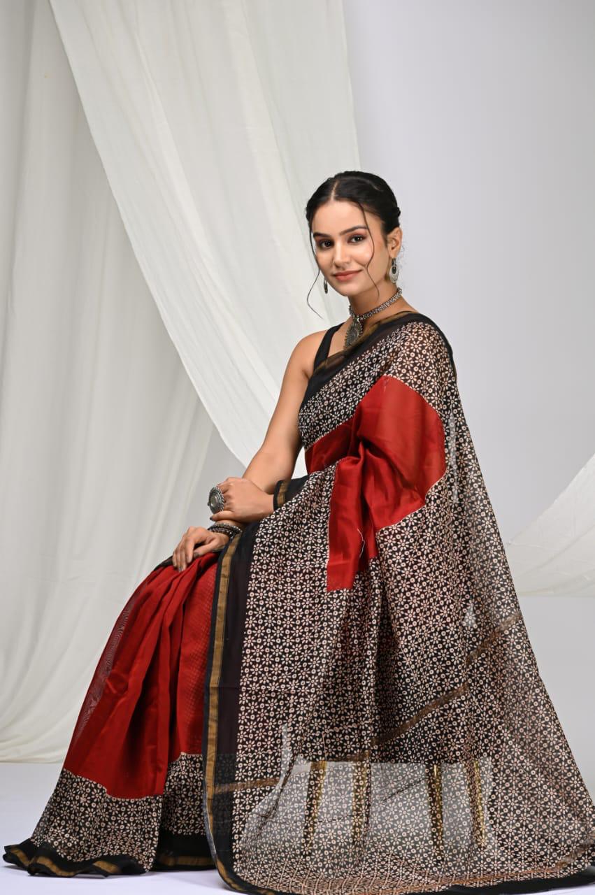 bagru, bagru saree, Chanderi Silk Saree, hand block saree, saree