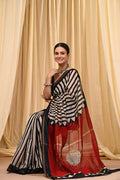 Black & Off-White Striped Pattern Bagru Hand Block Printed Chanderi Silk Saree With Blouse Piece