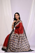 Maroon & Beige Geometric Chevron Bagru Hand Block Printed Chanderi Silk Saree With Blouse Piece