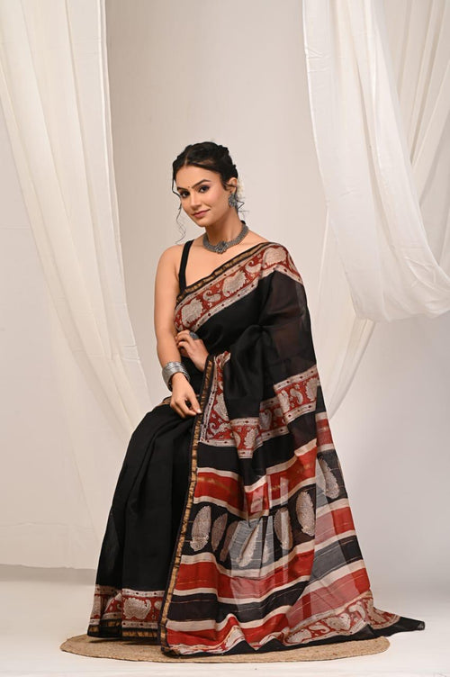 Black & Maroon Paisley Motif Bagru Hand Block Printed Chanderi Silk Saree With Blouse Piece