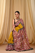 Mustard Yellow & Maroon Floral Buti Bagru Hand Block Printed Chanderi Silk Saree With Blouse Piece