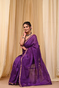 Purple & White Checkered Pattern Bagru Hand Block Printed Chanderi Silk Saree With Blouse Piece