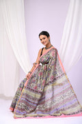Grey & Pink Floral Motif Bagru Hand Block Printed Chanderi Silk Saree With Blouse Piece
