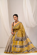 Mustard Yellow & Black Floral Buti Bagru Hand Block Printed Chanderi Silk Saree With Blouse Piece