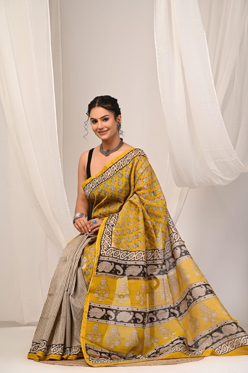 bagru, bagru saree, Chanderi Silk Saree, hand block saree, saree
