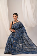 Indigo Blue & Off-White Floral Jaal Bagru Hand Block Printed Chanderi Silk Saree With Blouse Piece
