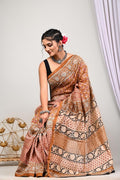 Mustard & Black Floral Buti Bagru Hand Block Printed Chanderi Silk Saree With Blouse Piece
