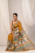 Mustard Yellow & Off-White Paisley Motif Bagru Hand Block Printed Chanderi Silk Saree With Blouse Piece