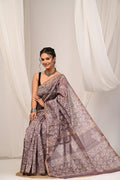 Mauve & White Floral Motif Bagru Hand Block Printed Chanderi Silk Saree With Blouse Piece