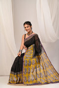 Black & Mustard Yellow Paisley Motifs Hand Block Printed Chanderi Silk Saree With Blouse Piece