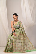 Light Green & Pink Floral Motif Bagru Hand Block Printed Chanderi Silk Saree With Blouse Piece