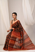 Brown & Rust Floral Buti Bagru Hand Block Printed Chanderi Silk Saree With Blouse Piece