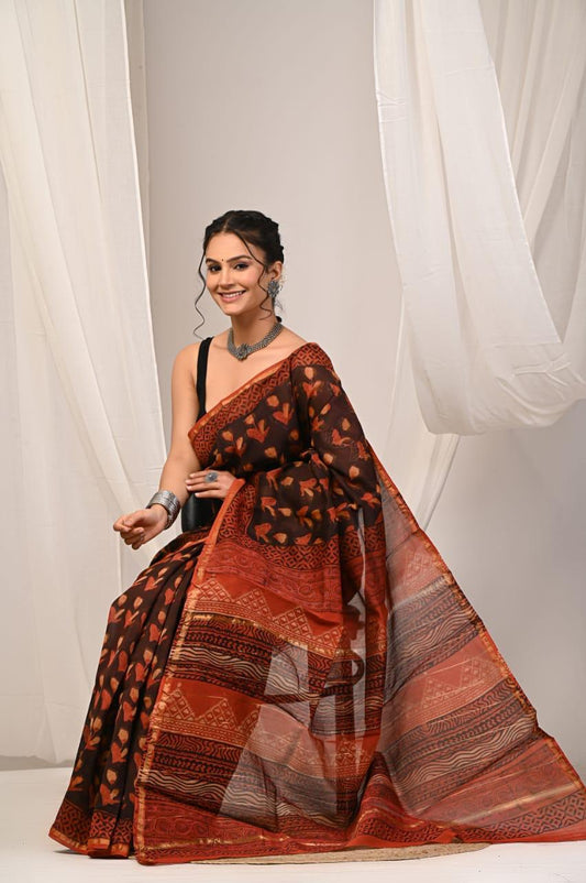 bagru, bagru saree, Chanderi Silk Saree, hand block saree, saree