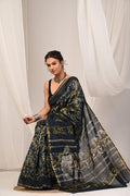 Navy Blue & Mustard Floral Buti Bagru Hand Block Printed Chanderi Silk Saree With Blouse Piece