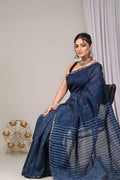 Indigo Blue & White Geometric Chevron Bagru Hand Block Printed Chanderi Silk Saree With Blouse Piece