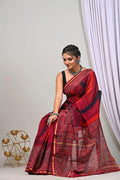 Maroon & Black Geometric Buti Bagru Hand Block Printed Chanderi Silk Saree With Blouse Piece
