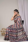 Indigo Blue & Off-White Leaf Motif Bagru Hand Block Printed Chanderi Silk Saree With Blouse Piece