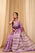 Purple & Off-White Floral Jaal Block Printed Chanderi Silk Saree With Blouse Piece