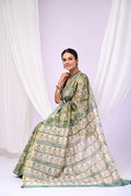 Olive Green & Cream Floral Buti Bagru Hand Block Printed Chanderi Silk Saree With Blouse Piece