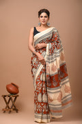 Rust Brown & Off-White Paisley & Floral Motif Bagru Hand Block Print Mul Cotton Saree With Blouse Piece