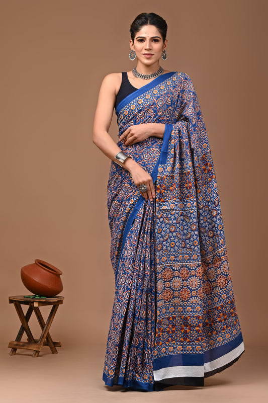 Mul cotton sarees for summer hand block printed