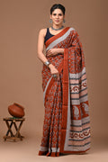 Rust Brown & Off-White Floral Buti Bagru Hand Block Print Mul Cotton Saree With Blouse Piece