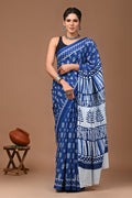 Indigo Blue & White Buti Print Bagru Hand Block Print Mul Cotton Saree With Blouse Piece