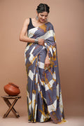 Grey & White Geometric Chevron Bagru Hand Block Print Mul Cotton Saree With Blouse Piece