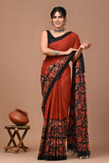 Rust Orange & Black Floral Jaal Bagru Hand Block Print Mul Cotton Saree With Blouse Piece