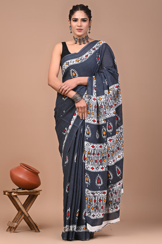 Mul cotton sarees for summer hand block printed