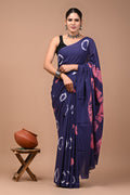 Indigo Blue & Pink Shibori Tie-Dye Bagru Hand Block Printed Mul Cotton Saree With Blouse Piece