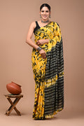 Mustard Yellow & Black Shibori Tie-Dye Bagru Hand Block Print Mul Cotton Saree With Blouse Piece