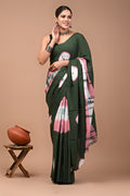 Dark Green & Pink Shibori Tie-Dye Bagru Hand Block Print Mul Cotton Saree With Blouse Piece