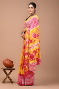 Yellow & Pink Tie-Dye Shibori Bagru Hand Block Print Mul Cotton Saree With Blouse Piece