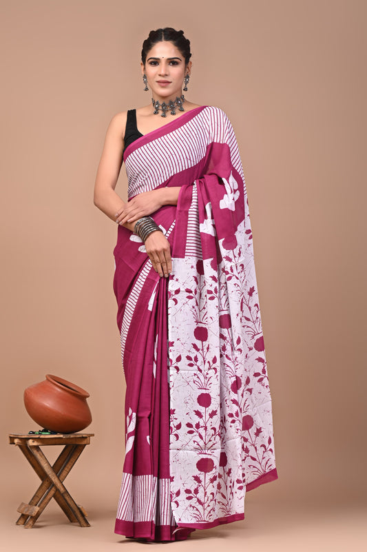 Mul cotton sarees for summer hand block printed