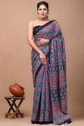 Navy Blue & Red Geometric Buti Bagru Hand Block Print Mul Cotton Saree With Blouse Piece