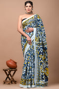 Navy Blue & Mustard Yellow Floral Jaal Bagru Hand Block Print Mul Cotton Saree With Blouse Piece