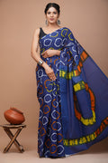 Indigo Blue & White Circle Motif Block Print Mul Cotton Saree With Blouse Piece
